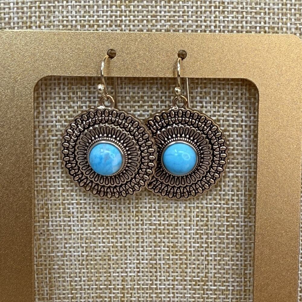 Vintage Barse Thailand Gold Tone Medallion Turquoise Blue Accent Earrings